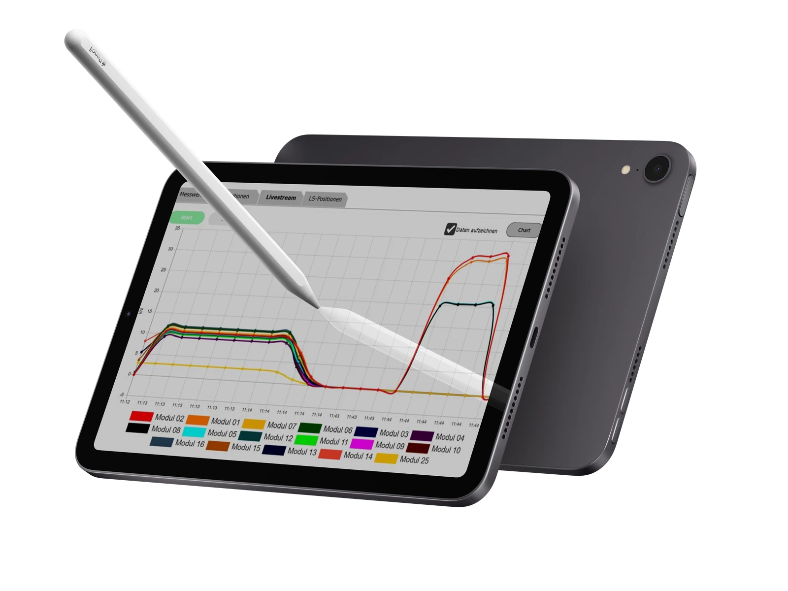 Tablet mit Messkurven und Eingabestift für die BrakeBEE-Bremsprüfung